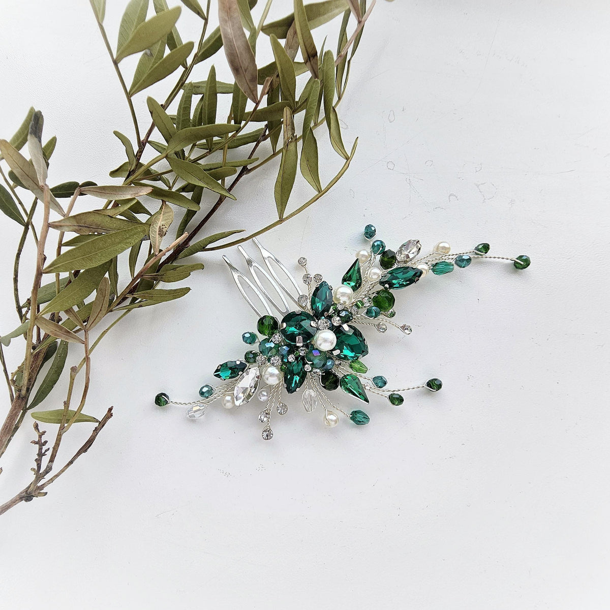 Emerald Crystal Bridal Hair Comb, Silver Wedding Hair Piece, Pearl Hair Jewelry