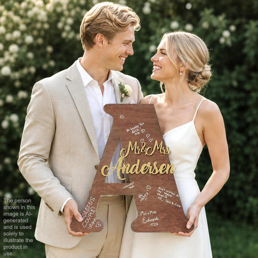 A man and a woman are holding a large wooden letter "A" with the names "Mr. Andersen" and "Mrs. Andersen" written on it. They are smiling and looking at each other, suggesting a happy and loving relationship.