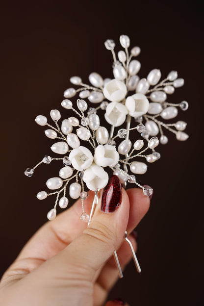 Porcelain Flower Hair Pins Set of 3, Bridal Wedding Hair Accessories, Floral Updo Pins