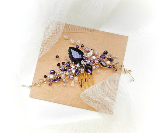 Purple and White Crystal Wedding Hair Comb: Handmade Hair Piece
