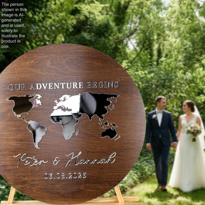A wooden sign with a world map and the text "OUR ADVENTURE BEGINS" is displayed in a garden setting, with a couple walking in the background.