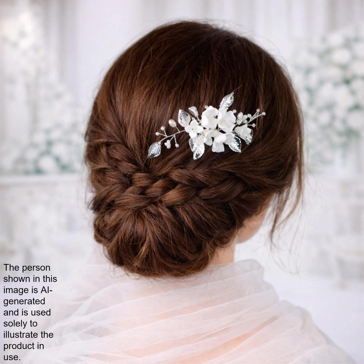 a woman's back view with her hair styled in a braided bun, adorned with a decorative hair accessory featuring white flowers.