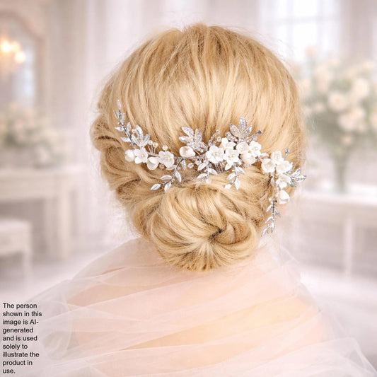 A woman's blonde hair is styled in a bun, adorned with a decorative hair accessory featuring white flowers.