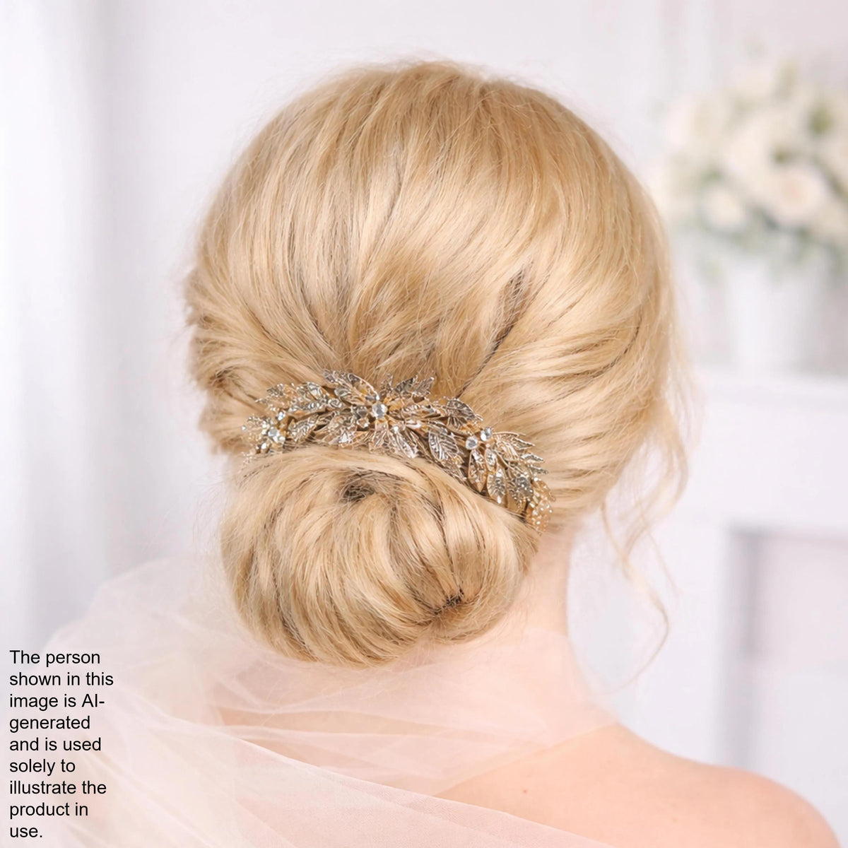 the back view of a woman's blonde hair with a decorative hair accessory, possibly a veil or headpiece, styled in a bun.