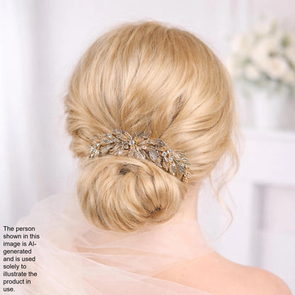 the back view of a woman's blonde hair with a decorative hair accessory, possibly a veil or headpiece, styled in a bun.