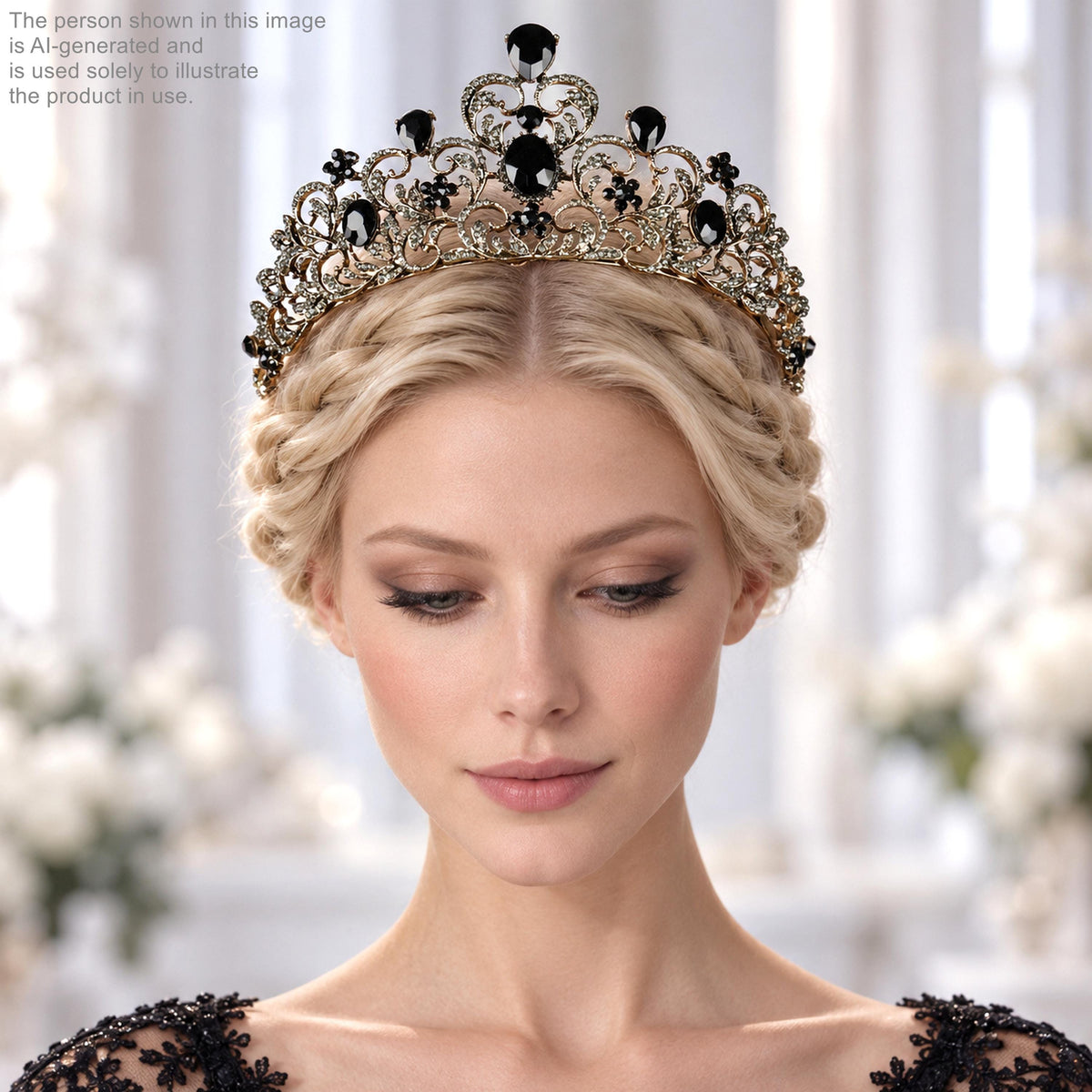A woman with blonde hair wearing a large, ornate gold crown with black gemstones.
