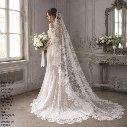 A bride in a long white lace wedding dress stands in a room with a large window, holding a bouquet of white flowers.