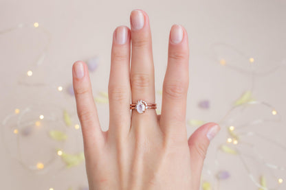Rainbow Moonstone Engagement Ring Set: Rose Gold Plated Sterling Silver
