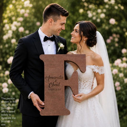 A bride and groom pose together, smiling and holding a large wooden letter 'F' that says "Amanda & Chad" and "8/14/20".