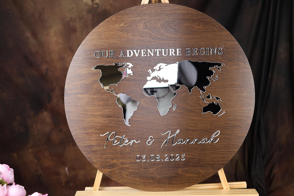 a wooden plaque with a map of the world on it