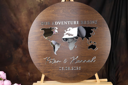 a wooden plaque with a map of the world on it
