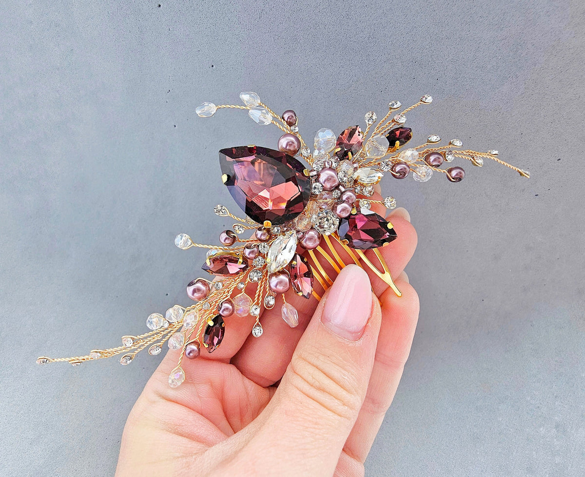Burgundy Crystal Wedding Hair Comb, Bridal Hair Piece, 6 Inch