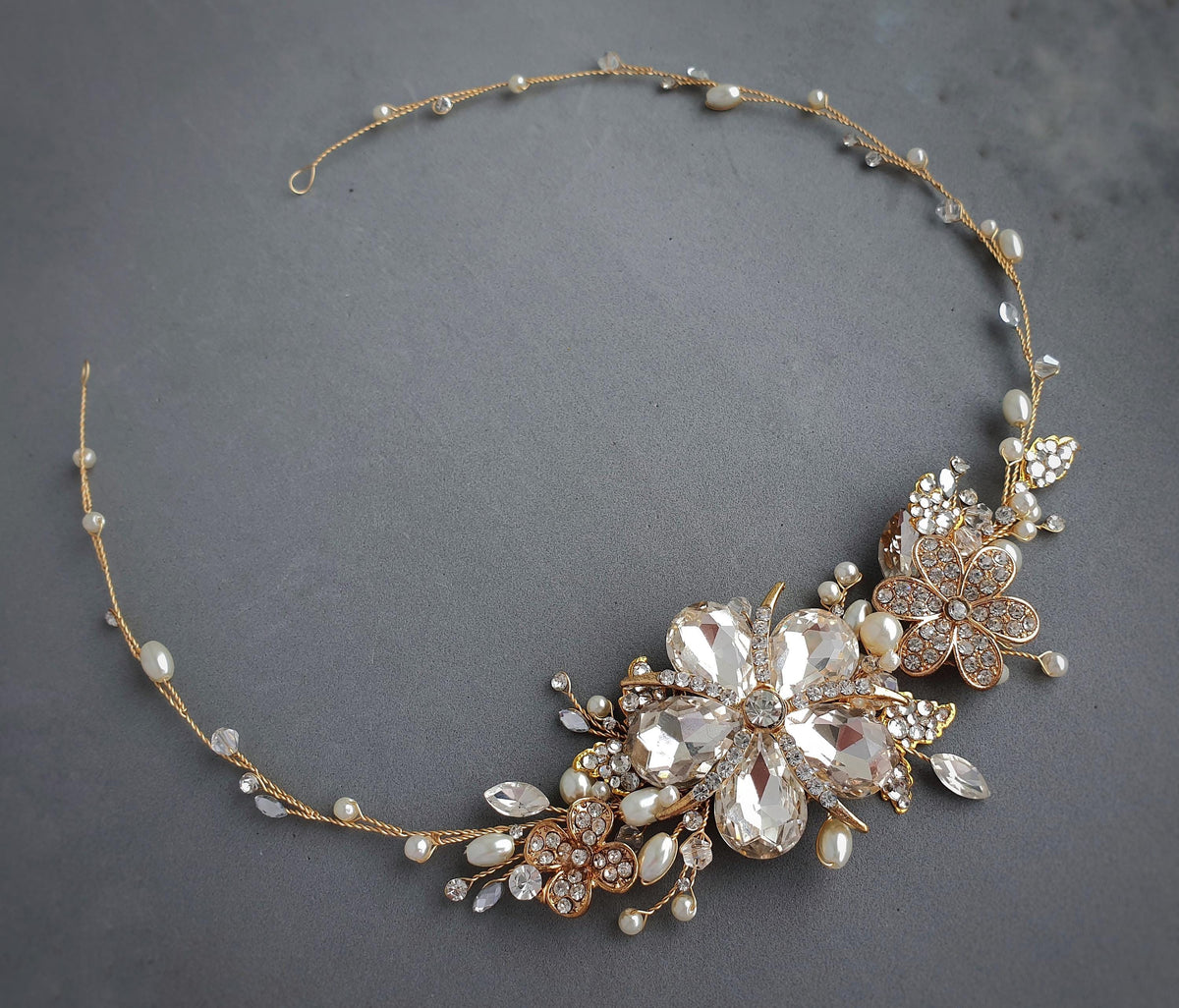 Gold Flower Bridal Hair Vine: Pearl & Crystal Wedding Headpiece