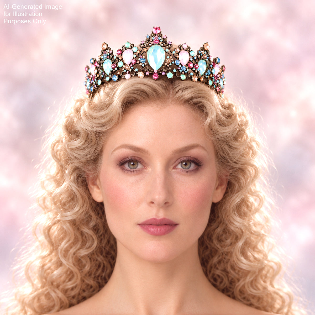 A woman with curly blonde hair wearing a decorative crown with colorful gemstones.