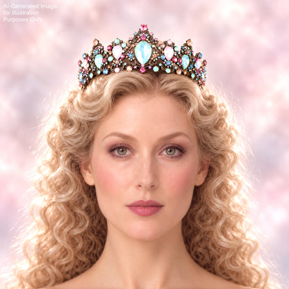 A woman with curly blonde hair wearing a decorative crown with colorful gemstones.