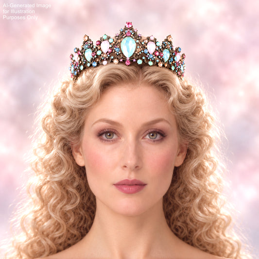 A woman with curly blonde hair wearing a decorative crown with colorful gemstones.