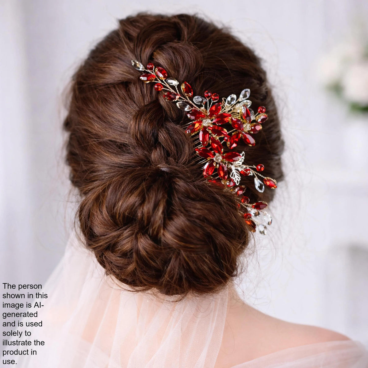 a woman's back view with her hair styled in a bun, adorned with a decorative hair accessory featuring red and silver elements.