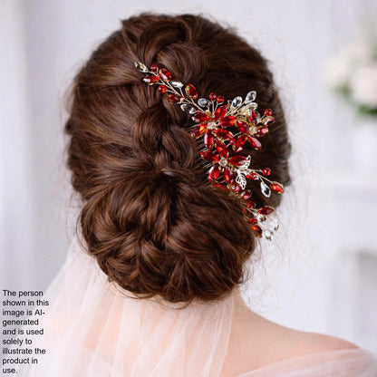 a woman's back view with her hair styled in a bun, adorned with a decorative hair accessory featuring red and silver elements.