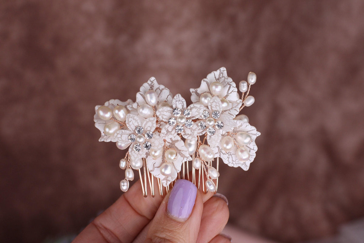 Rose Gold Flower Bridal Comb, Pearl Wedding Hair Piece, 6 Inch