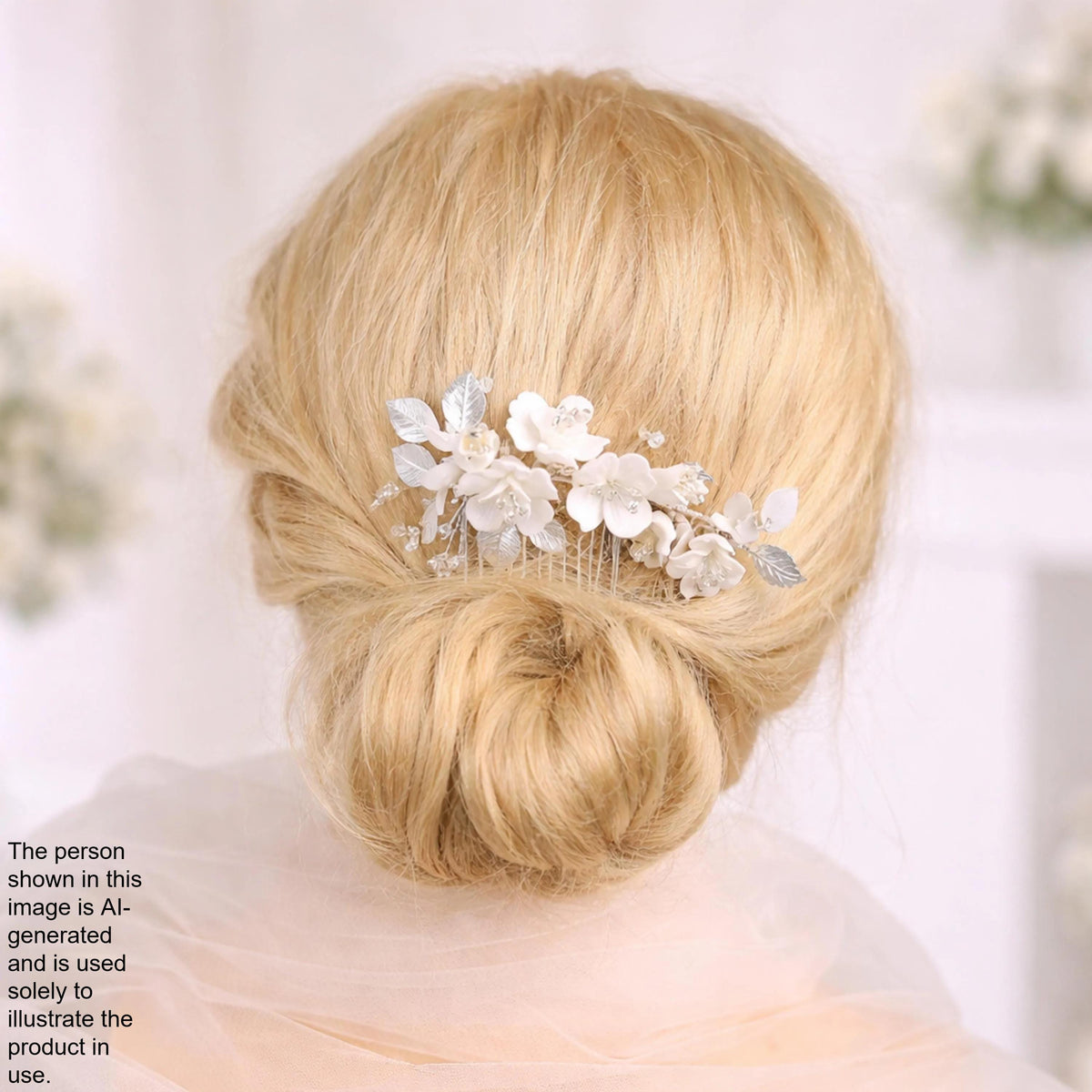A close-up of a woman's blonde hair with a decorative hair accessory featuring white flowers.
