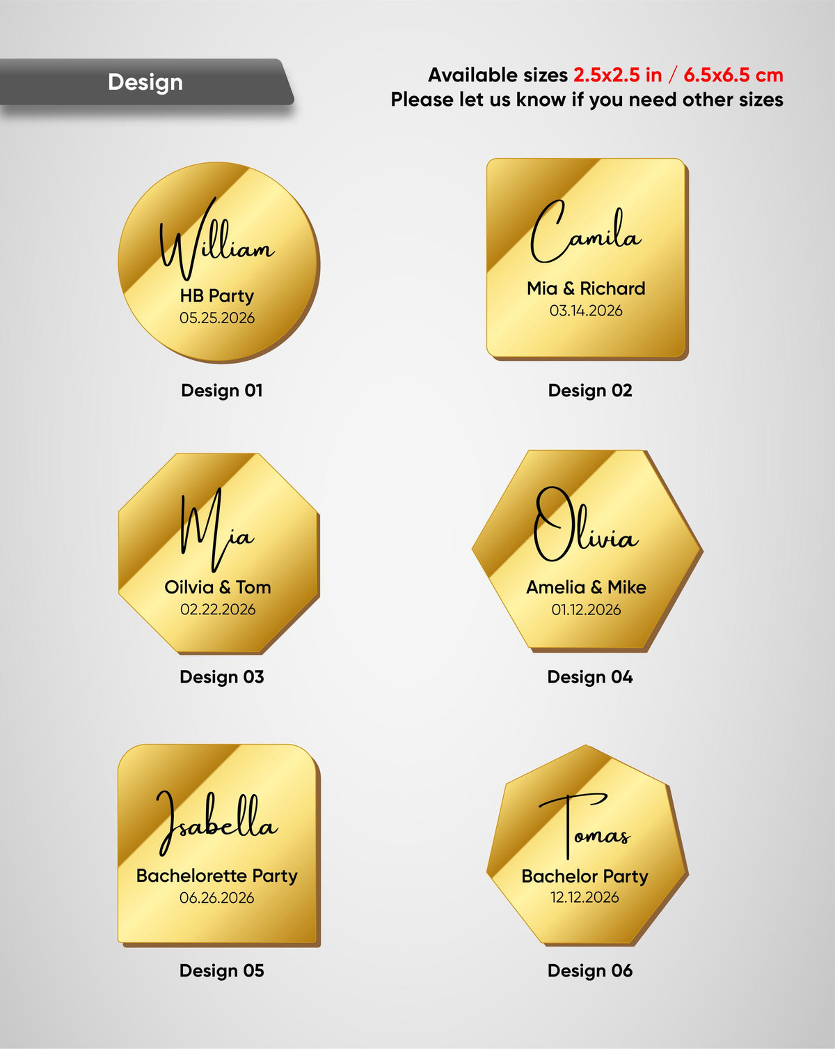 a collection of six gold-colored hexagonal shapes, each with a different name and date printed on them. The names include William, Camila, Mia, Olivia, Tomas, and Isabela. The hexagons are arranged in a grid-like pattern, with each one having a unique name and date. The image does not contain any text that can be described in more detail, and it does not include any additional information about the shapes or their arrangement.