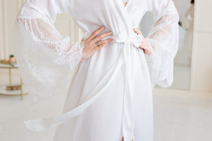 Long White Satin Bridal Robe, Lace Wedding Kimono, Elegant Bride Getting Ready Outfit