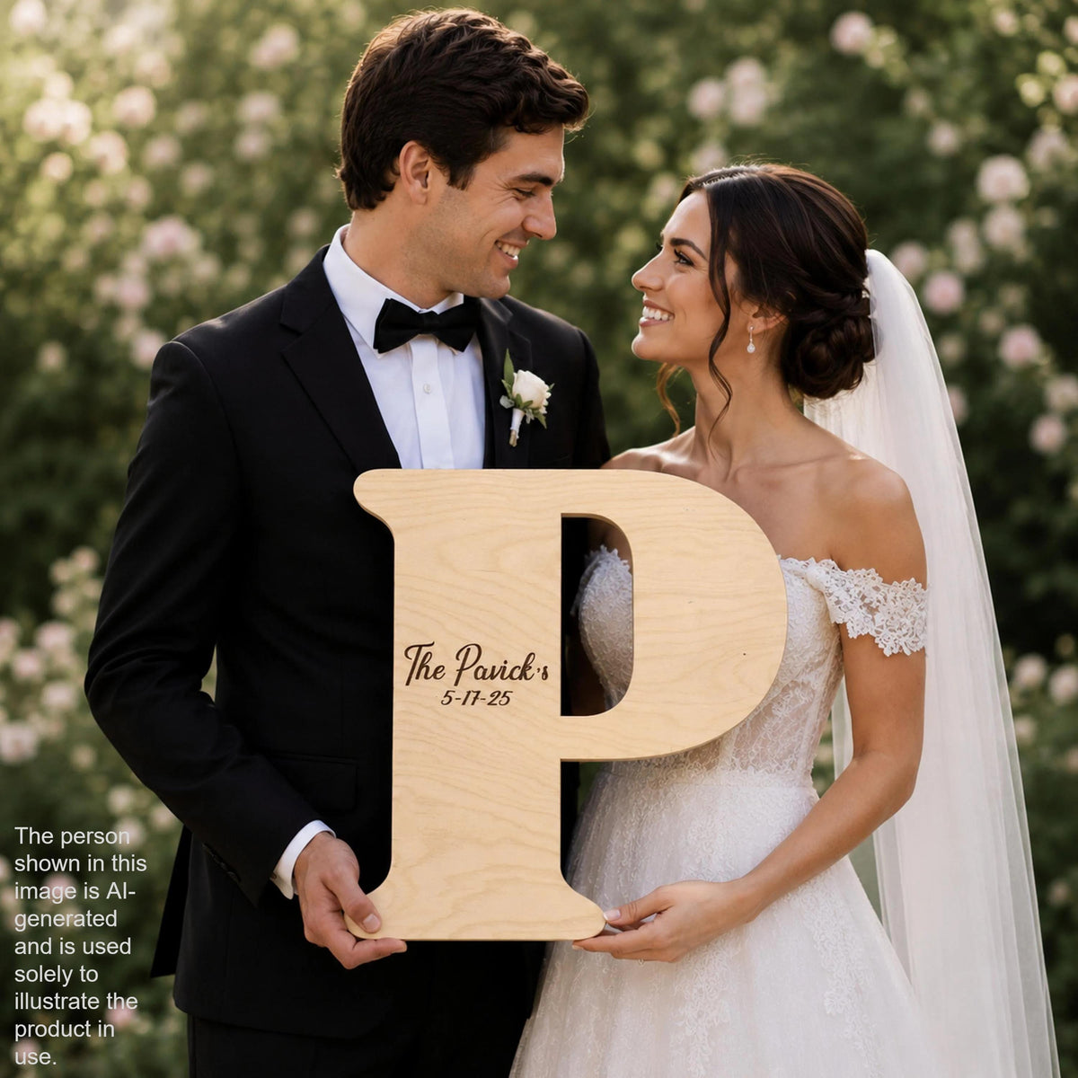 A bride and groom pose together, smiling and holding a large wooden letter 'P' that says "The Patrick's 5-17-25".