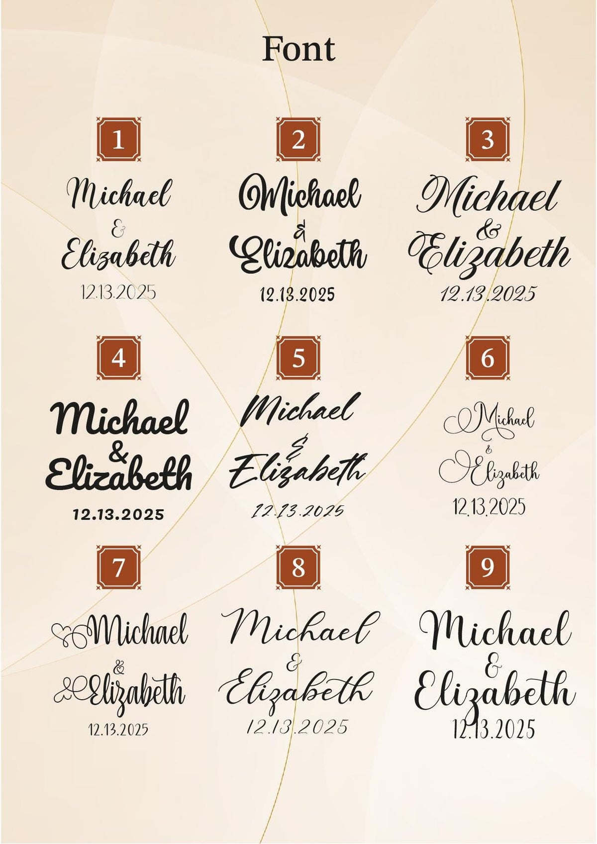 a collection of font designs for a wedding, with each design featuring the names "Michael & Elizabeth" and the dates "12.13.2025" and "12.13.2026".