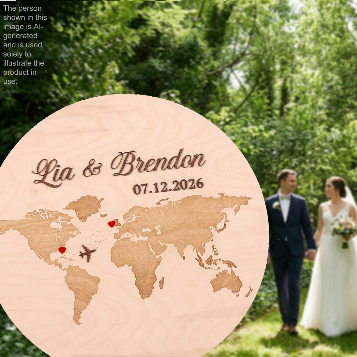A wooden sign with a couple's names and date, surrounded by a world map and a plane, indicating a wedding or engagement celebration.