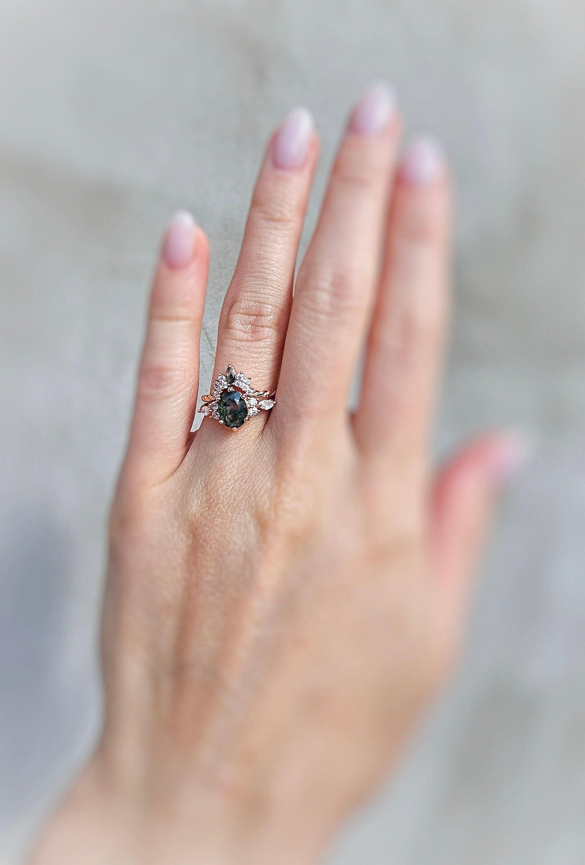 Moss Agate Engagement Ring Set: Rose Gold Plated Twisted 925 Silver Wedding Band