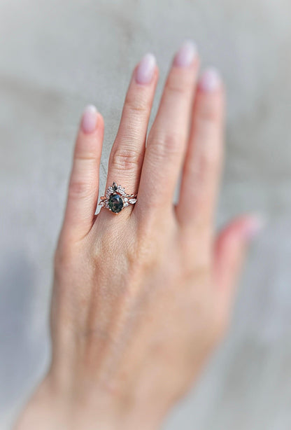 Moss Agate Engagement Ring Set: Rose Gold Plated Twisted 925 Silver Wedding Band