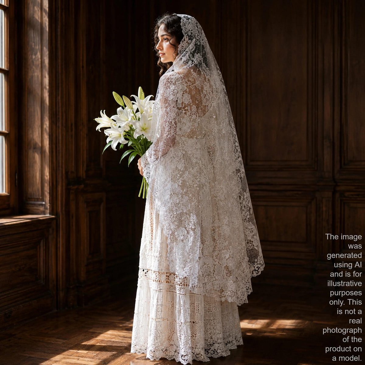 A woman in a white lace wedding dress stands in a room with wooden paneling, holding a bouquet of white lilies.