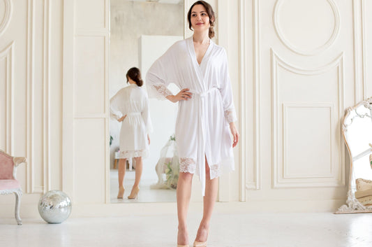 Short Lace Trim Satin Bridal Robe, Elegant Getting Ready Wedding Kimono