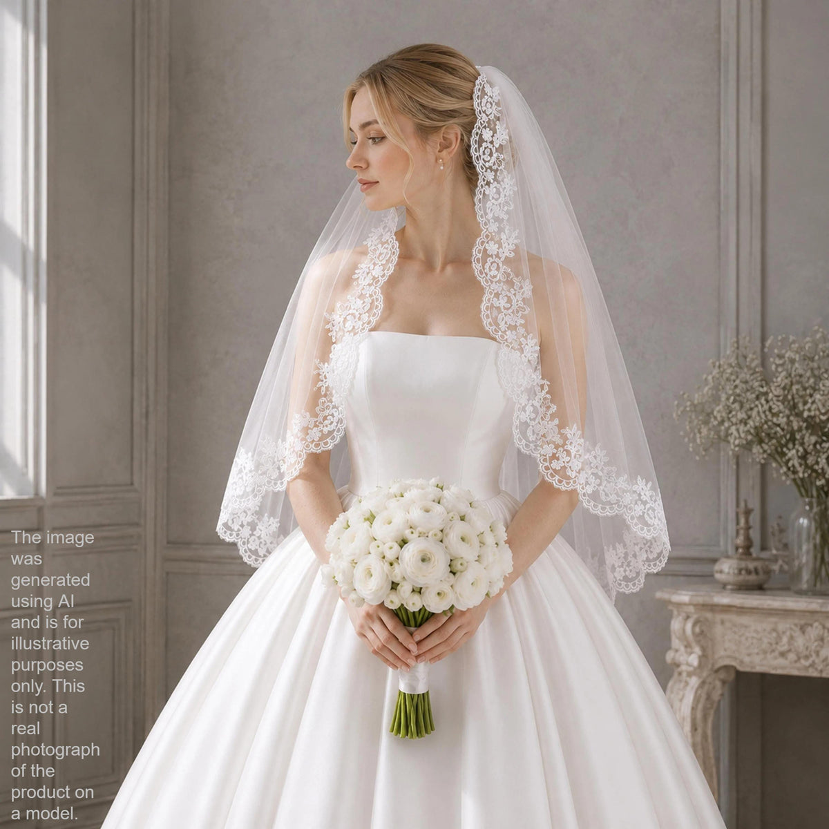 A woman in a white wedding dress holding a bouquet of white flowers stands in a room with a window and a table with flowers.