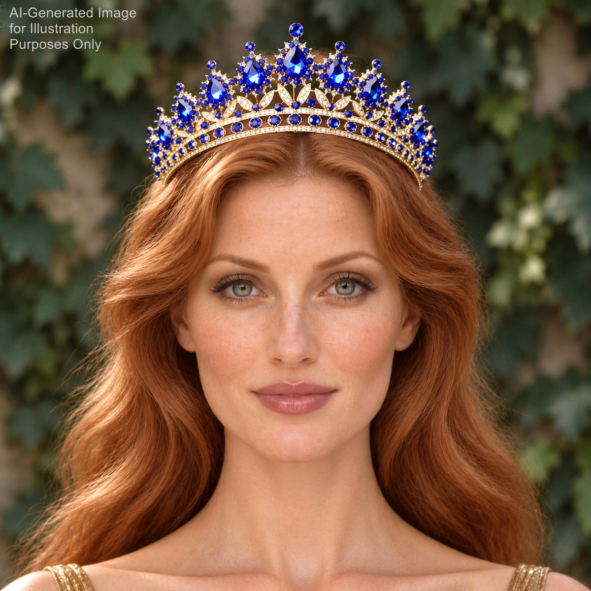 A woman with long, wavy red hair wearing a large, ornate blue and gold crown with numerous blue gemstones.