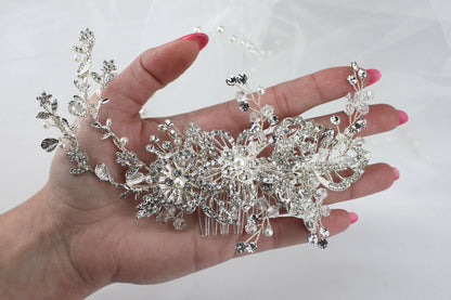 Crystal Flower Bridal Hair Comb, Silver Wedding Hairpiece
