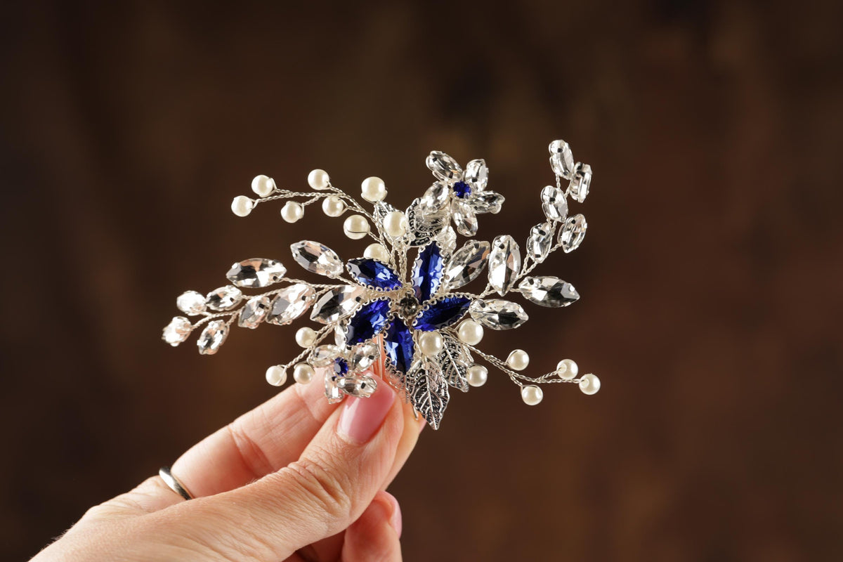 Blue Crystal Wedding Hair Comb, Silver Pearls & Rhinestone Bridal Hairpiece