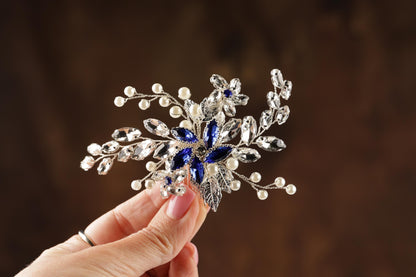 Blue Crystal Wedding Hair Comb, Silver Pearls & Rhinestone Bridal Hairpiece