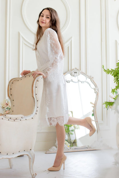 White Satin Bridal Robe, Long Lace Sleeves, Short Wedding Getting Ready Outfit
