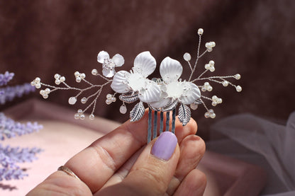 White Porcelain Flower Bridal Comb, Silver Wedding Hair Piece