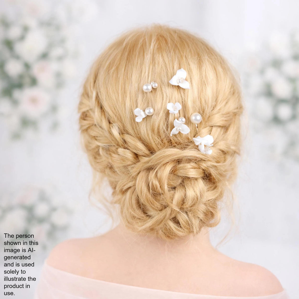 a woman's blonde hair styled in an intricate updo, adorned with small white flowers.