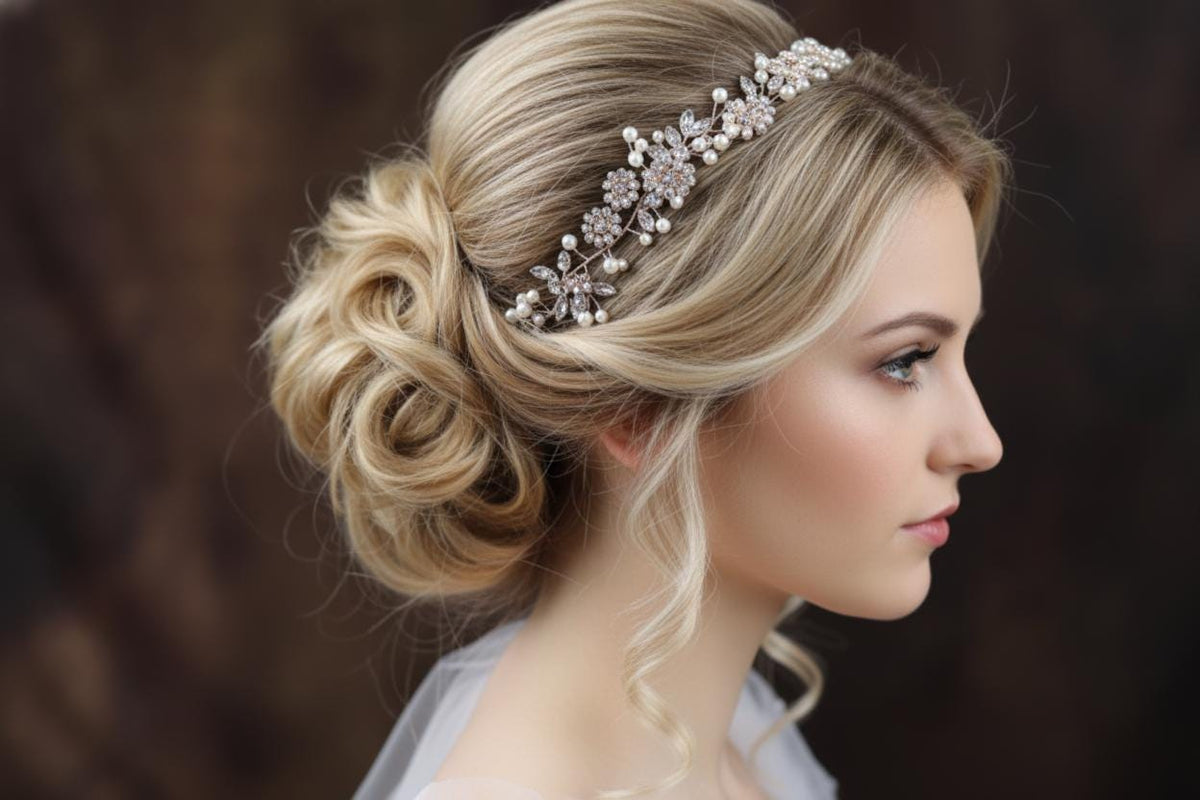 Bridal Pearl and Crystal Head Wreath: Wedding Hair Vine with Ribbon Tie
