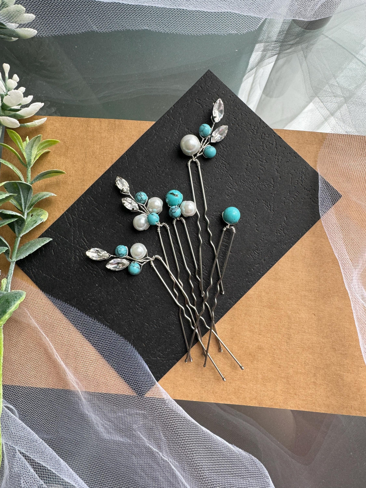 Turquoise Bridal Hair Pins Set of 5, Crystal Pearl Wedding Hairpiece, Blue Bridal Pins
