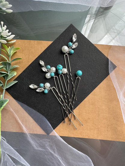 Turquoise Bridal Hair Pins Set of 5, Crystal Pearl Wedding Hairpiece, Blue Bridal Pins
