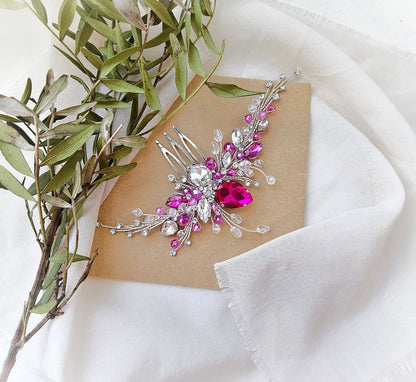 Fuchsia Crystal Wedding Hair Comb, Silver Bridal Hairpiece, 6 Inch