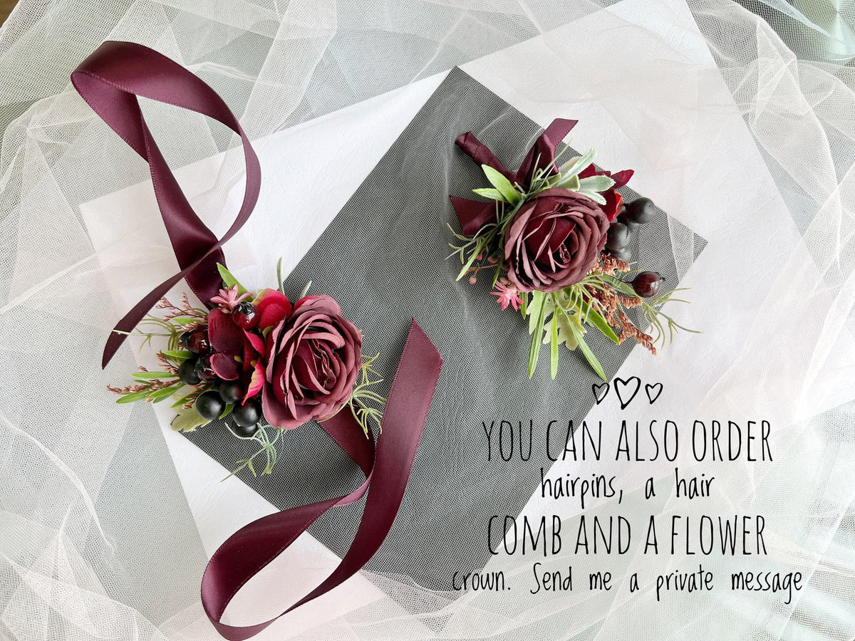 Wine Rose Grooms Boutonniere: Handmade Wedding Corsage