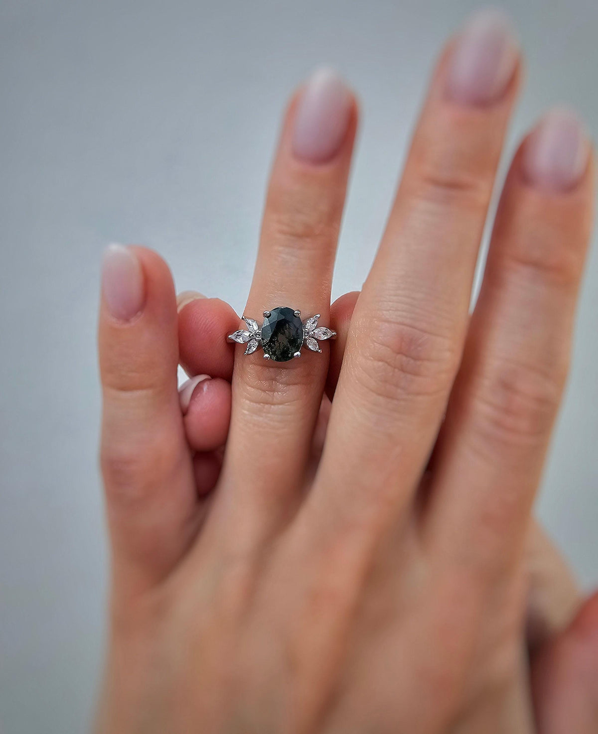 Oval Moss Agate Engagement Ring: Sterling Silver, CZ Accents