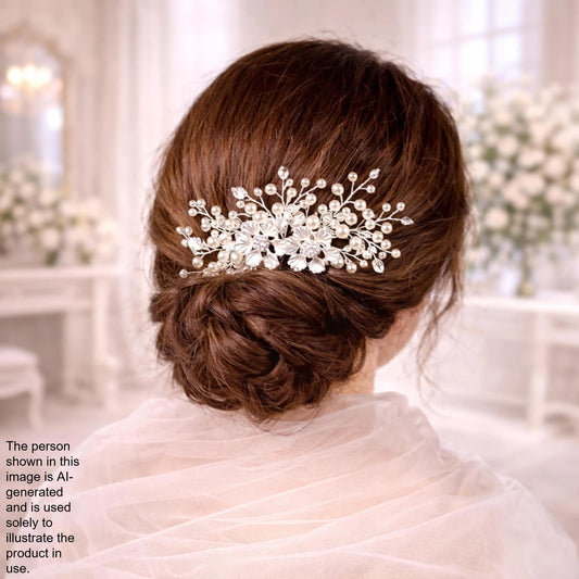 a woman's back view with her hair styled in a bun, wearing a decorative hair accessory with small white flowers or crystals.