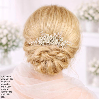 a woman's back view with her blonde hair styled in a bun, adorned with a decorative hair accessory featuring small white flowers.