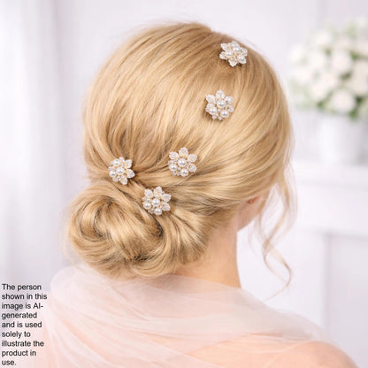 a woman's blonde hair styled in a bun, adorned with small, sparkling flower-shaped hair clips.